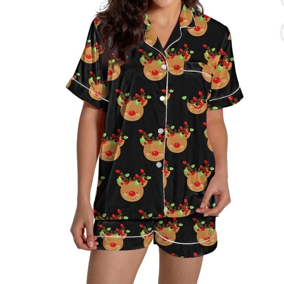 Women’s Black Reindeer Print Satin Christmas Pajama Set. NWT. Size XL - Picture 5 of 12